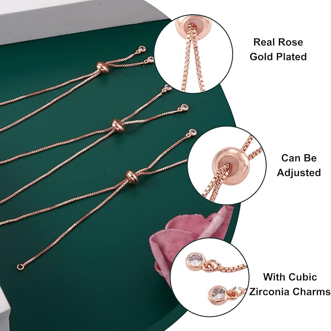 FASHEWELRY 20 Strands Adjustable Brass Bracelet Slider Extender Chains with Rhinestone Ends 4.72-4.96 Inch Real Rose Gold Plated for DIY Jewelry Making