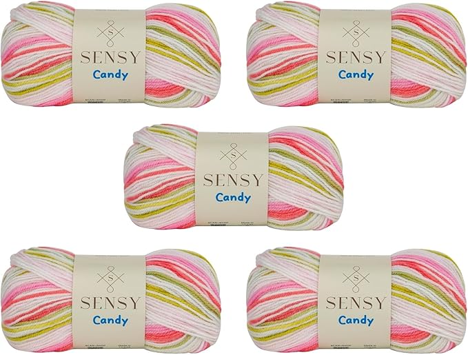 Sensy Candy Yarn - 5 Skeins, 3.5 oz, 251 Yards, Multicolor for Crocheting and Knitting, Light Gauge 3