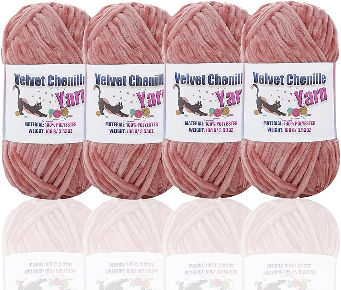 4 * 100g Fluffy Velvet Chenille Yarn for Crocheting and Knitting, Handcrafts Weaving Soft Chenille Yarn for Crocheting Clearance, Used for Making Baby Yarn Blanket, Clothes, DIY Craft (Peach)