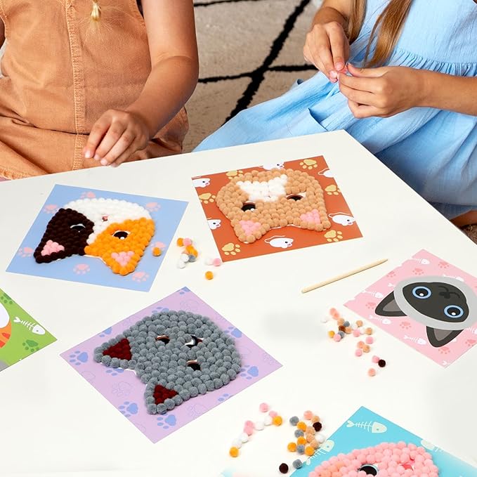 Upltowtme DIY Pom-Poms Art Kit, Cat-Themed Crafts with 6 Patterns, Stick Fuzzy Ball Art, Creative DIY Home Decor & Gift for Cat Lovers