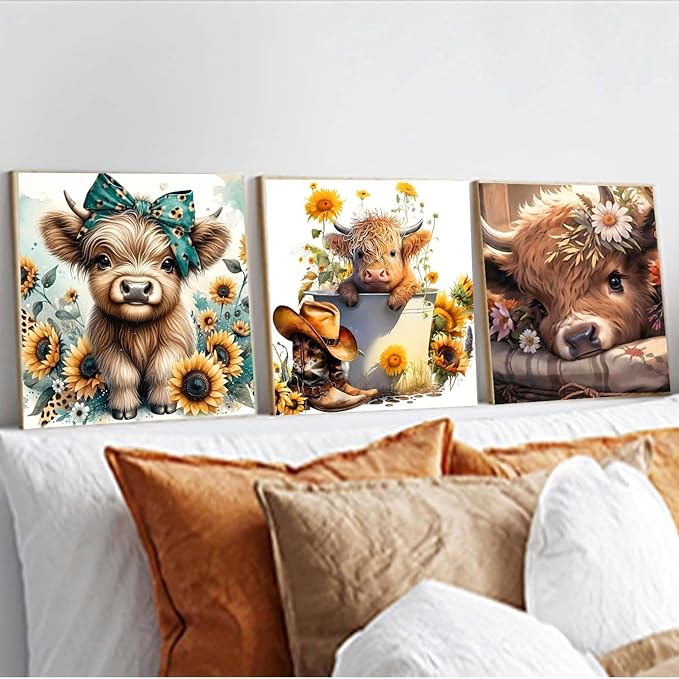 igoodom 3 Pack Cow Diamond Art Kits for Adults, Highland Cow Diamond Painting Kit, Full Drill Round Diamond Art Kits, DIY Gem Art and Crafts for Home Wall Decor Gift 14x14inch