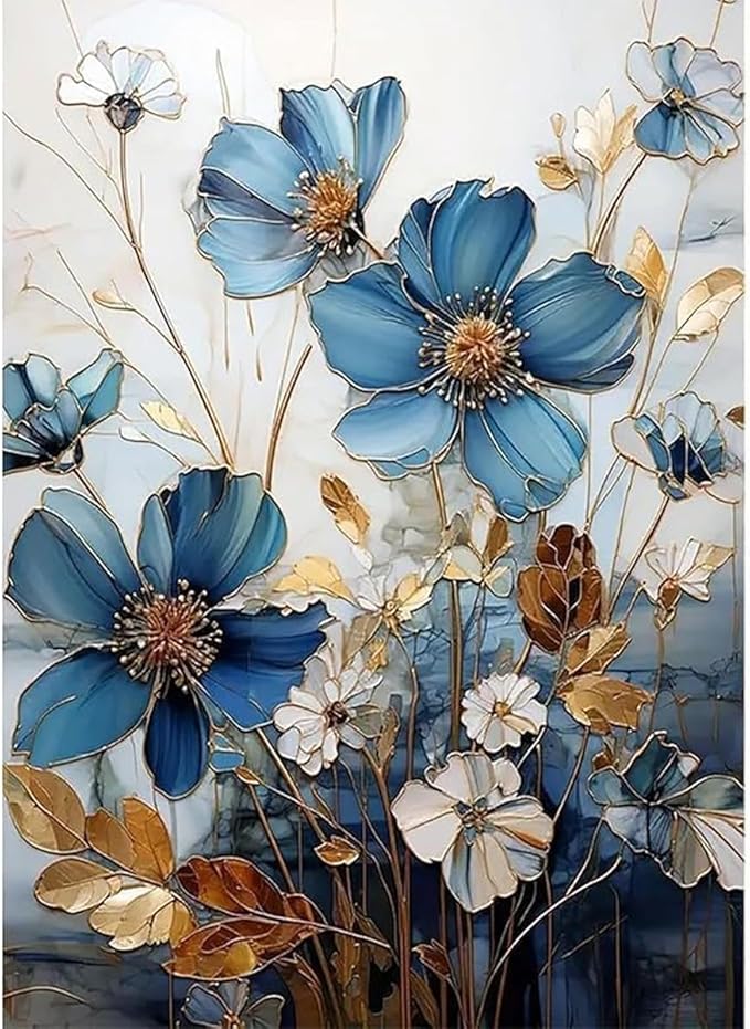 GEMFAMILY 5D Blue Flowers Diamond Painting Kits for Adults, Flowers Diamond Art Kit for Beginners,DIY Full Round Drill Diamond Dot Gem Art Kits for Adults Home Wall Decor 12 X 16inch