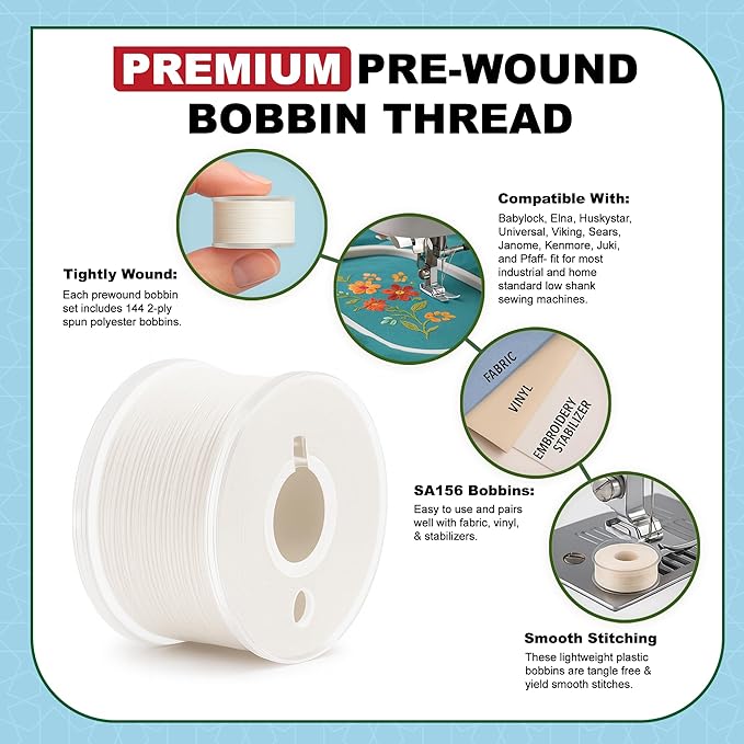 Mandala Crafts 144 Off White SA156 Prewound Bobbins for Singer Sewing Machine -15J SA156 Prefilled Bobbin Thread for Brother Sewing Machine and Embroidery