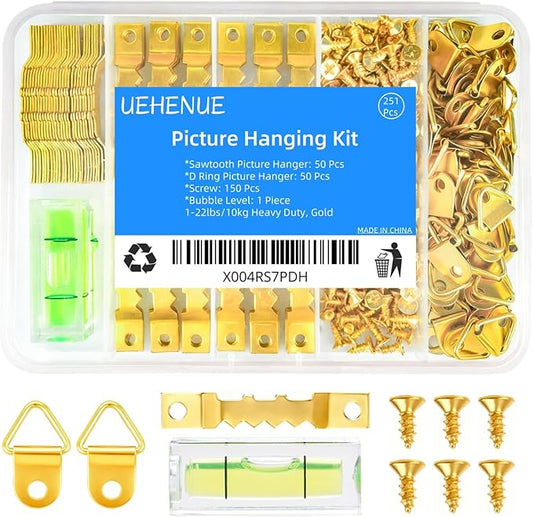 251Pcs Picture Hanging Kit, Include 50 Sawtooth Picture Hangers, 50 D Rings, 150 Screws and Bubble Level, Heavy Duty Picture Frame Hanging Hardware for Wall Artworks Frame Canvas Mounting