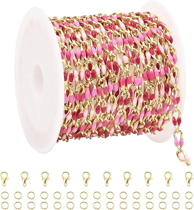 YOUBEIYEE Rose Pink Enamel Cable Chain for Jewelry Making Gold Plated Brass Jewelry Chain Roll with Jump Rings and Lobster Clasps
