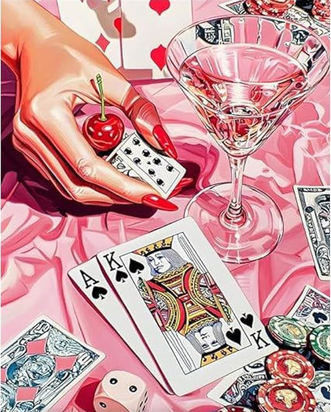 Okarina Paint by Numbers Kit for Adults Beginner Cocktail, Poker Adult Paint by Number Kits on Canvas, Pink DIY Acrylic Oil Painting by Numbers for Adults, Perfect for Home Wall Decor 16X20 Inch
