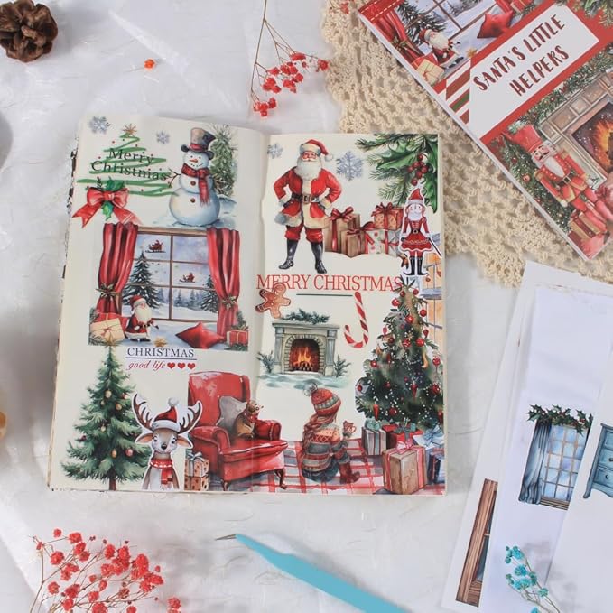 Christmas Santa's Little Helpers Journaling Stickers for Junk Journals Supplies, Pre-Cut Xmas Holiday Sticker Book for Card Making, Planner, Bujo, Scrapbooking, Collage
