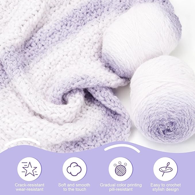 3 Pack Ombre Yarn for Crocheting, 80g/2.65oz Fluffy Soft Acrylic Gradient Yarn Cakes, #4mm Hook, Large Cloud Feel Yarn for Beginner Knitting, Star Blanket, Scarf, Shawl Garment DIY Crafts (Purple)