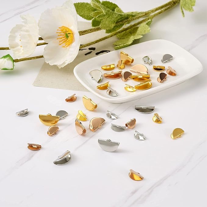 Pandahall 180Pcs Ribbon Crimp Ends 3 Sizes Half Round Bookmark Pinch Crimp Clamp End Findings Cord for Jewelry Making