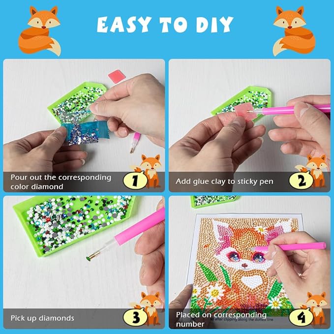 QEUOYSS Diamond Art Kit for Kids with Wooden Frame Art and Crafts for Kids Ages 6-8 -10-12 Easy to DIY Diamond Art for Kid and Adult Beginners Home Wall Decoration (Flower Fox)