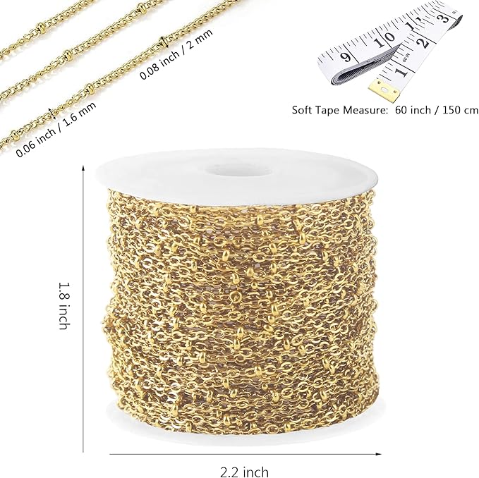 16Ft Stainless Steel Bead Chain for Jewelry Making, 1.6mm Thin Gold Plated Ball Beaded Cable Link Chains Roll for DIY Necklace Bracelet Jewelry Making Supplies with Lobster Clasps Soft Tape Measure