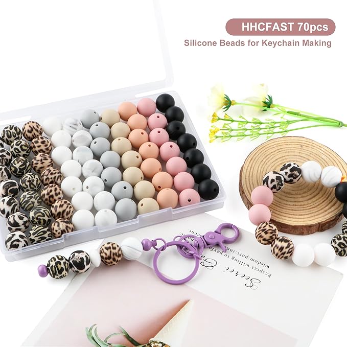 70Pcs Print Silicone Beads for Keychain Making,Round 15mm Silicone Beads for Pens, Necklace and Bracelets Making（Classic Leopard）