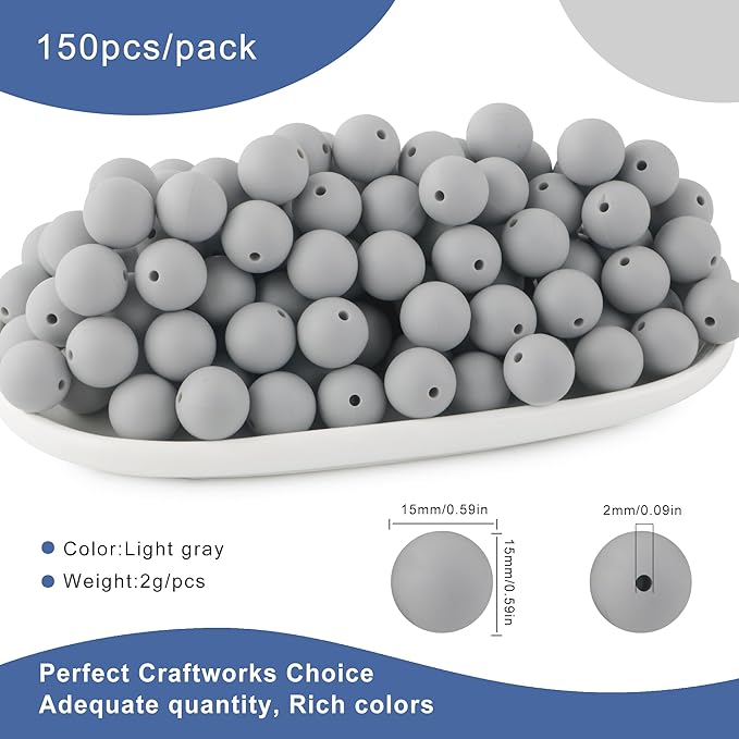 150Pcs 15mm Silicone Beads for Keychain Making Bracelet Necklace, Bulk Round Silicone Beads for Pens(Light Gray)