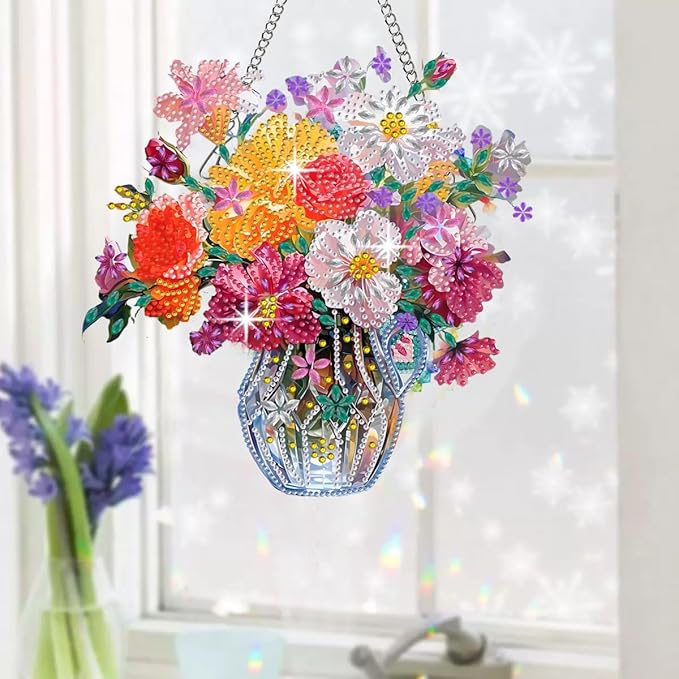 Muzagroo Art Flowers 5D Diamond Art Kit for Adults, DIY Special Shaped Diamond Art Hanging Ornament for Windows, Crystal Window Hanging Pendant Ornament 2PCS (Flower)
