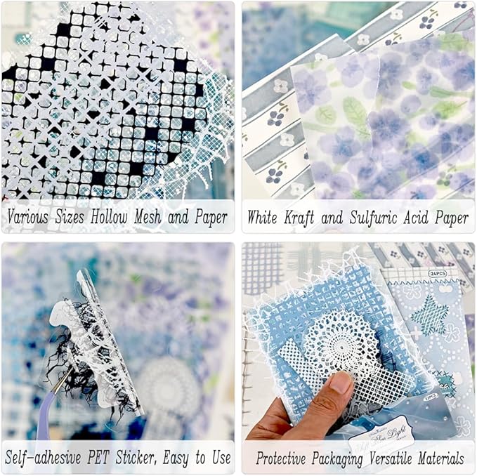 Diuhofart Floral Lace Textured Papers for Crafts, Blue Theme Scrapbook Paper Stickers, 47 Sheets Collage Materials Mesh for Junk Journaling Supplies Scrapbooking