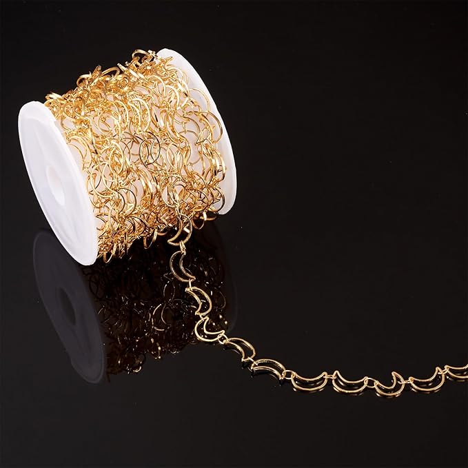 Sparkeads 9.84 Feet(3m) Golden Chain for Jewelry Making,Brass Hollow Moon Link Chains,Golden Link Necklaces for Women, Cable Chain for Bracelet DIY Earring Craft Jewelry Making Kits,10x6x1mm