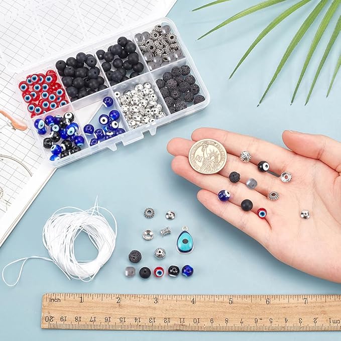 SUNNYCLUE 1 Box 6 Sets Evil Eye Bracelet Making Kits Lucky Hamsa Charms Blue Lampwork Glass Bead Natural Lava Rock Beads Spacer Beads for Jewelry Making Kits Women Adults Bracelets Adults