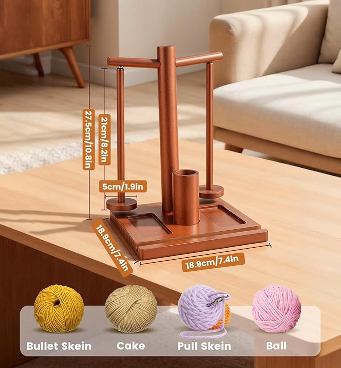 OrbitShell 2-in-1 Yarn Holder for Crocheting and Knitting, Dual Spindle Magnetic Yarn Spinner with Portable Wrist & Shoulder Strap, Wooden Yarn Minder for Home & Travel Use, Crochet Gifts for Crafters