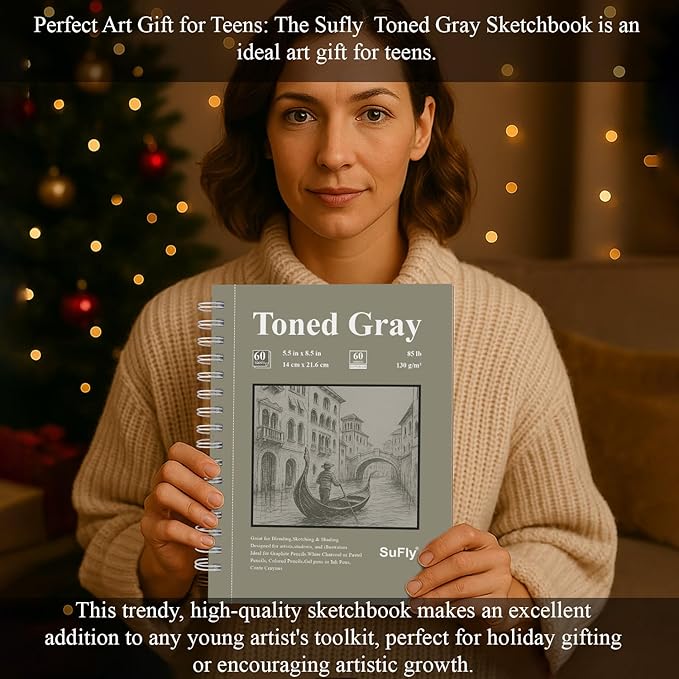 sufly toned gray sketchbook 5.5"x8.5" - 60 sheets spiral bound drawing pad, 85lb/130gsm sketch paper for graphite, charcoal, colored pencils and gel pens.