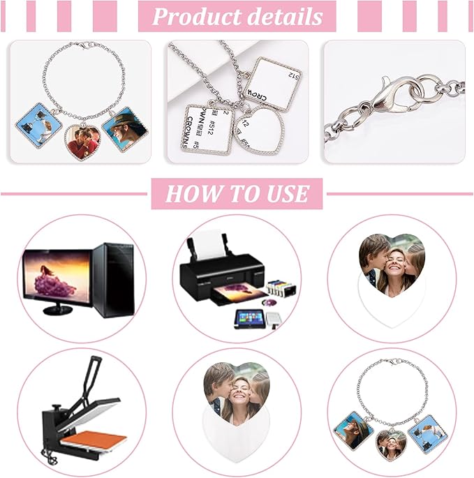 PH PandaHall 4 Sets Sublimation Bracelets Blanks Heat Transfer Bracelet Tray Heart Photo Bezel Square Craft Bezel Setting Blank for Mother's Day Friendship Bracelet Sweet Birthday Wedding Gift