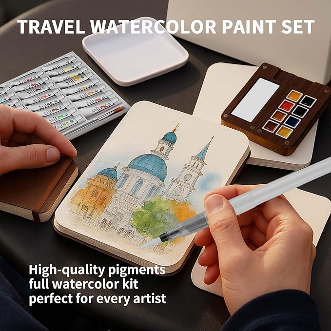 Mini Watercolor Paint Set - 3.7IN Mini Travel Watercolor Palette Set, Pocket Water Color Paint Palette Kit with 24 Colours, Sketchbook, Pens, Wooden Paints Box for Painters Artists