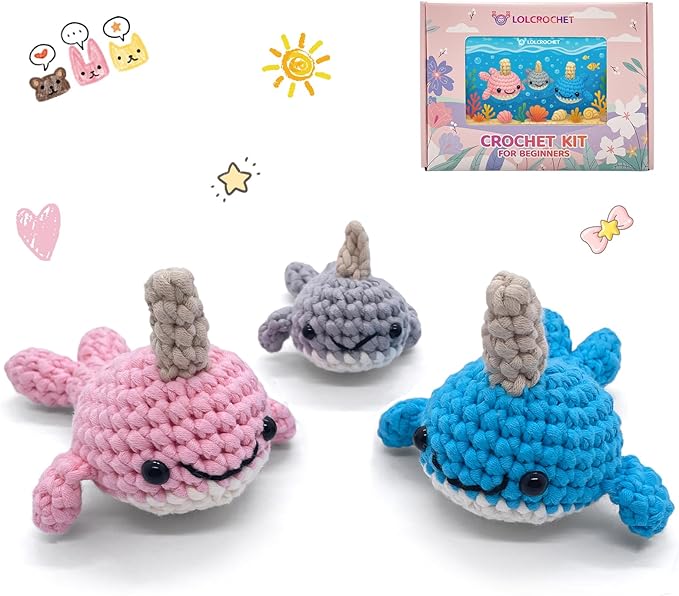 Crochet Kit for Beginners, Learn Crochet Animal Kit, Include Video Tutorial & Manual, Easy Knitting Yarn for Adult & Kid 12+, DIY Holiday Birthday Gift Idea(3pcs Whale Family)