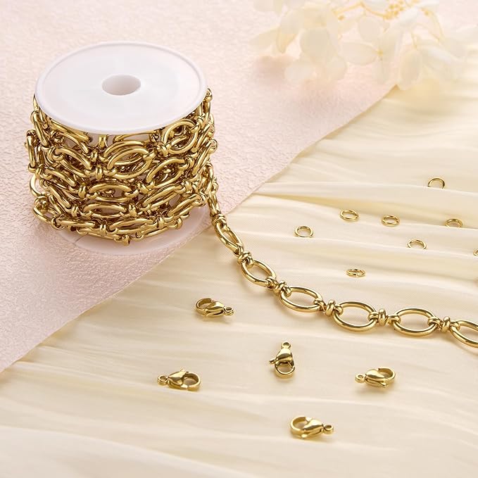 2 Meters Gold Chain for Jewelry Making Stainless Steel Oval Rolo Jewelry Making Chains with Lobster Clasps and Jump Rings