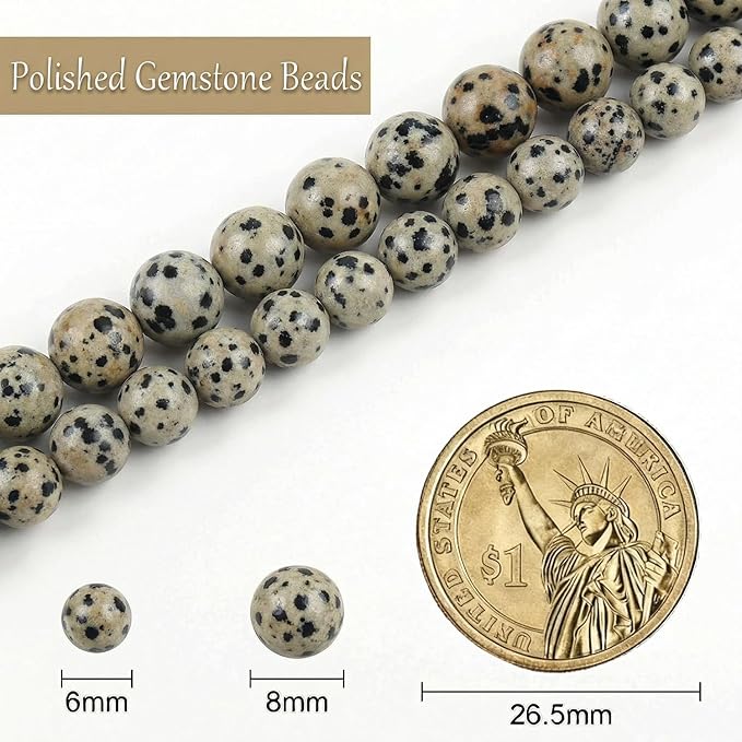 Stone Beads, 60pcs Dalmation Spot Jasper, 6mm Round Loose Beads for Jewelry Making, Bracelets, with Bag, String & Card