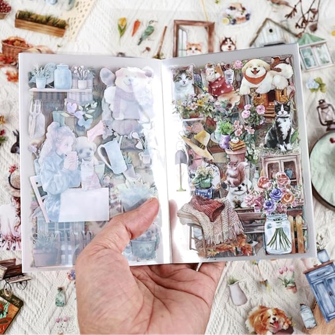 Scrapbook Sticker Book for Scrapbooking and Journaling, Country Cottage Scenery Pet Theme, 20 Sheets 3.9x5.9 inches, Precut Transparent PET Stickers for Junk Journal Supplies, Collage, Scrap Book