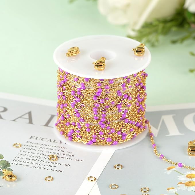 KYUNHOO 5 Meters Gold Stainless Steel Chains for Jewelry Making Purple Enamel Beaded Chain Roll with Lobster Clasps Jump Rings for Crafting Bracelet Choker DIY