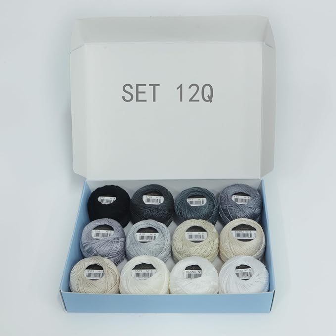 Size 8 Double Mercerized Egyptian Long Staple Cotton Pearl Thread 12 Gradient Colors per Box 5 Grams Ball Rainbow Color Embroidery Thread for Crochet Cross Stitch Hand Embroidery (12Q)