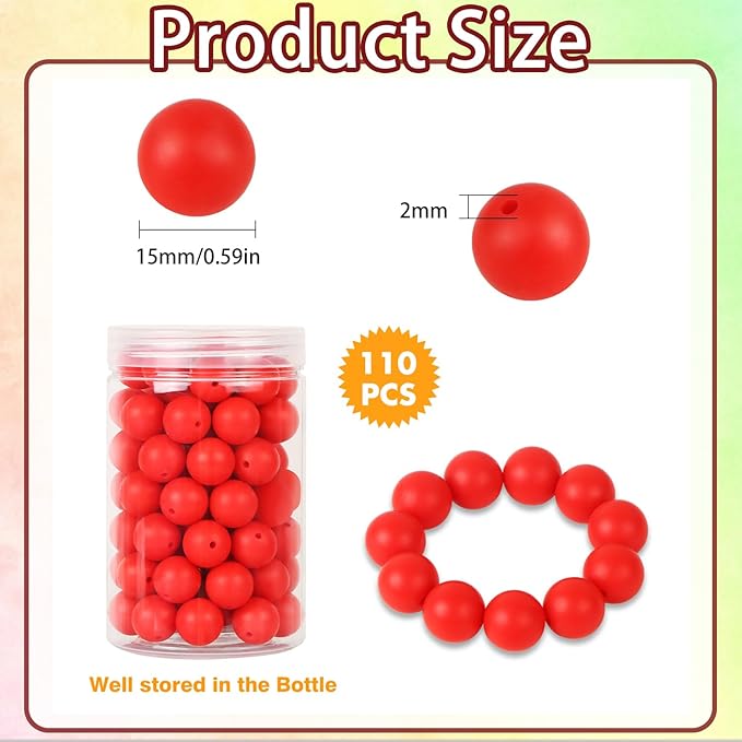 110 Pcs Silicone Focal Beads, EVERMARKET 15mm Silicone Beads for Keychain Making, Round Silicone Beads Bulk with Bottle, Rubber Loose Beads for Pens Crafts Necklace Bracelet Lanyard (Red)
