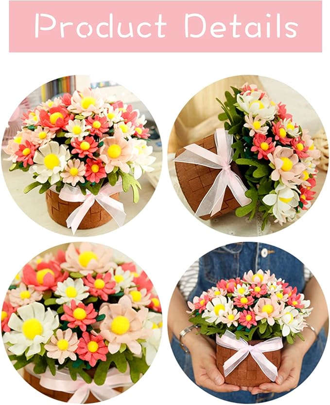 BAZIMA ALICE DIY Felt Flower Art Craft Kit, DIY Daisy Pot Bonsai Kit, 33 Daisies, Floral Gifts, Beginner Craft Kit, Arrange Pre-Cut Flowers and Foliage