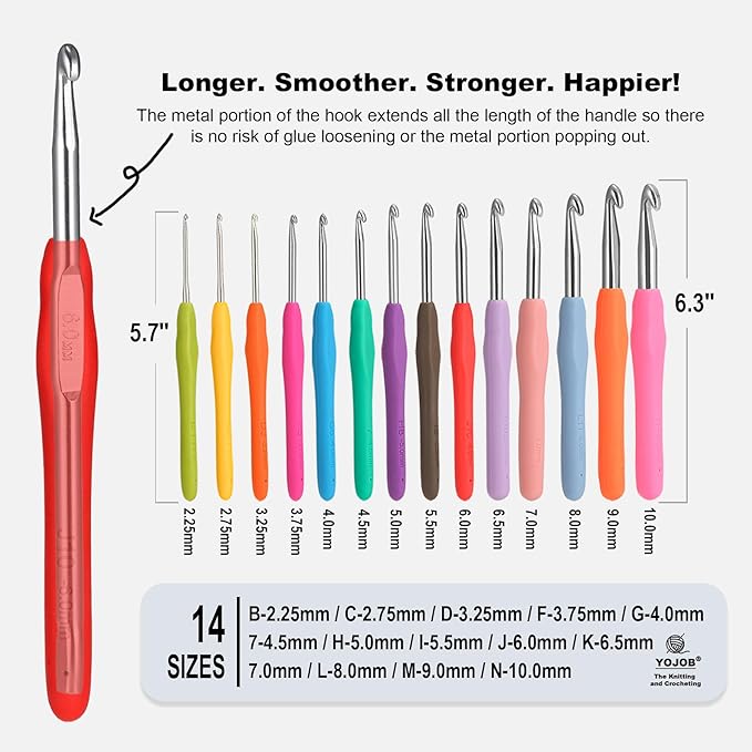 YOJOB 14 Sizes Crochet Hooks Set, 2.25mm - 10mm, Ergonomic Crochet Hook Set for Arthritis and Beginners, with Crochet Case and Accessories