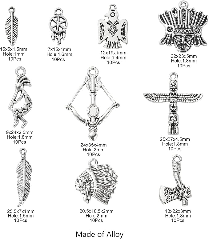 DanLingJewelry 100Pcs 10 Styles Indian Theme Charms - Indian Chief, Thunderbird, Axe, Feather for DIY Necklace & Bracelet Crafting