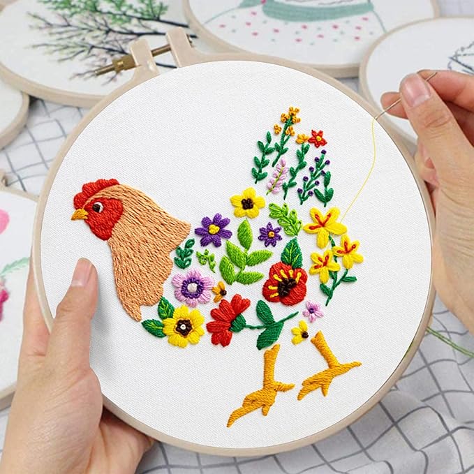 Louise Maelys Funny Animal Embroidery Kits for Beginners,Cross Stitch Kit for Adults,DIY Needlepoint with Hens and Flower Pattern