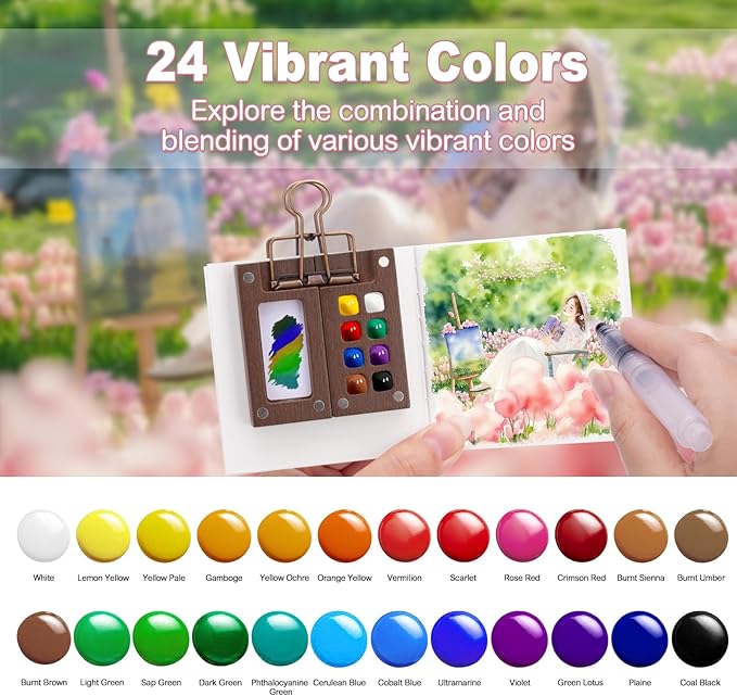 Mini Watercolor Paint Set, Mini Paint Palette Travel Kit, Pocket Artist Watercolor Travel Set Colors, Sketchbook, Brush, Metal Clip, for Beginners, Artists, Enthusiasts (15 Grids, 24 Colors)