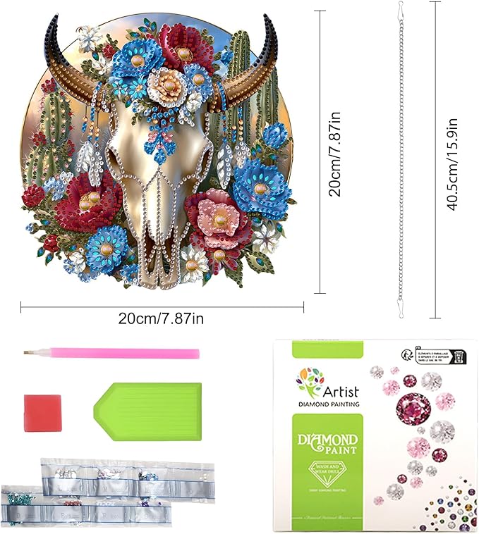 Lxmsja DIY Bull Skull Diamond Painting Hanging Ornament, Double-Sided Acrylic Cacti and Flowers Diamond Art Kit, Special Shaped Suncatcher Hanging Pendant Window Art Kit
