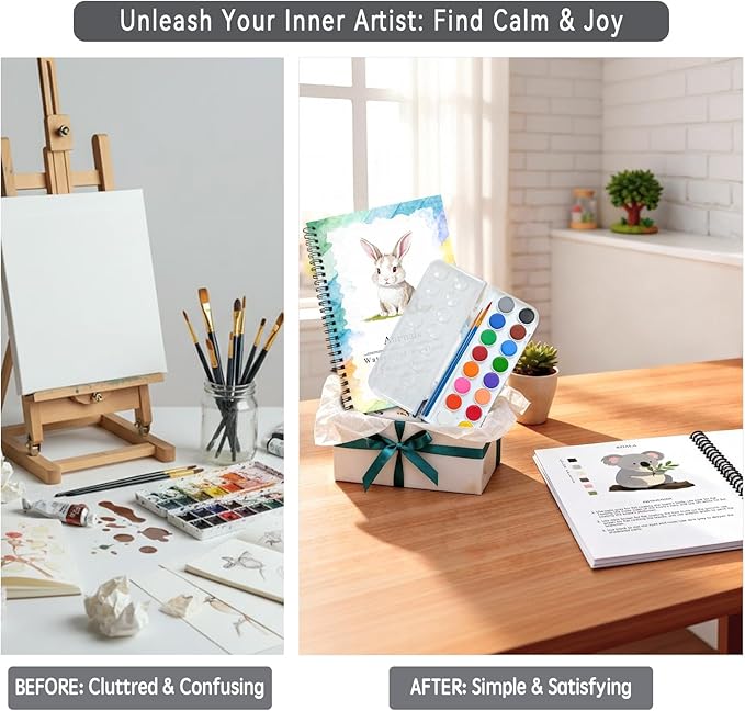 SLWBZ Watercolor Workbooks Coloring Book, Beginner Friendly Painting Kit, Easy Exquisite with Steps, Creative Exploration Watercolor Book with Paint Set for Adults Teens (Cute Rabbit, with Paint)