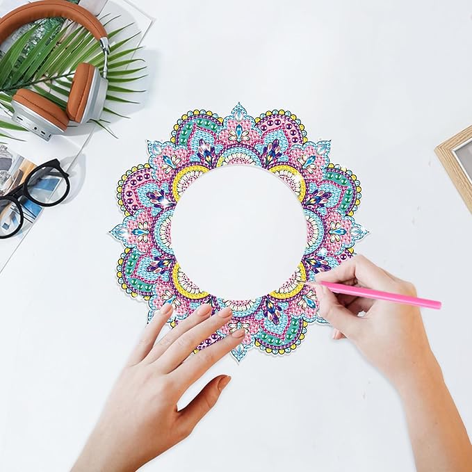 DIY Diamond Painting Mirror for Adults DIY Special Shaped Crystal Diamond Painting Kit Mandala Mirror Makeup Mirror Christmas Halloween Birthday Gifts Art Crafts Home Decor (Pink-Blue)