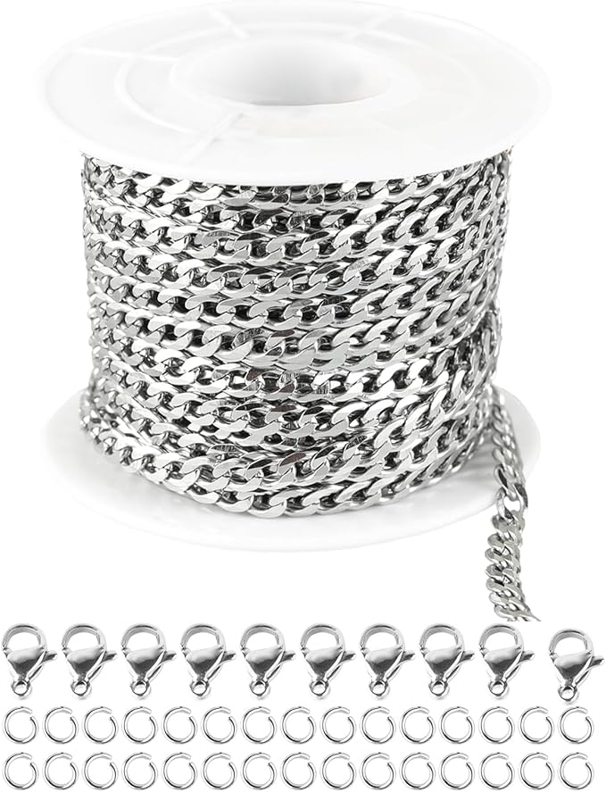 YOUBEIYEE 16.4 Feet Silver Stainless Steel Chain for Jewelry Making Curb Cuban Chains Bulk with Jump Rings Lobster Clasps for DIY Necklaces Bracelets Anklets Findings