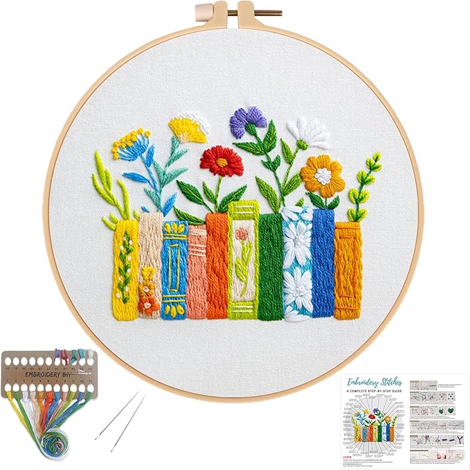 Louise Maelys Funny Embroidery Kits for Beginners,Cross Stitch Kit for Adults,DIY Needlepoint with Books Bookmarks and Flowers Pattern