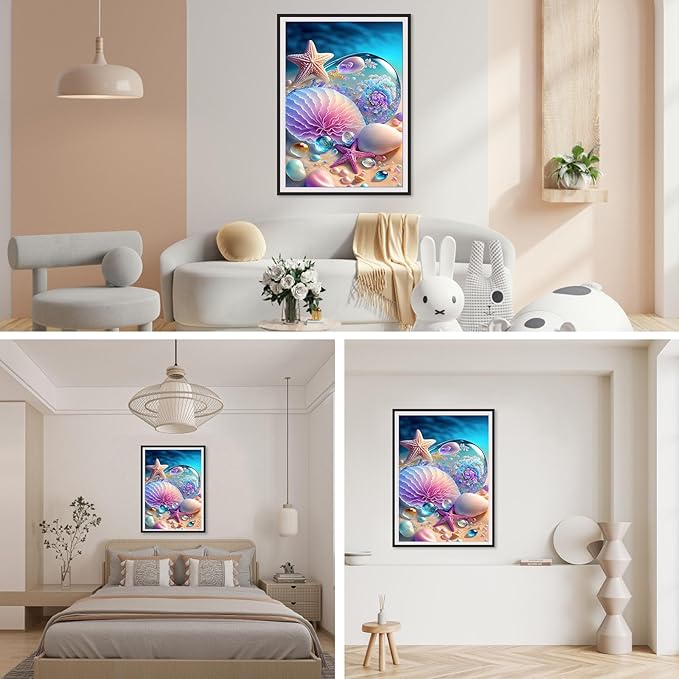 SENQAO Beach Diamond Painting Kits for Adults, Round Full Drill Sea Shells Starfish Diamond Art Kits, DIY 5D Diamond Painting Beach Diamond Art Kits Picture for Home Wall Decor 30x40cm