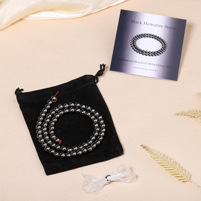 Stone Beads, 60pcs Black Hematite, 6mm Round Loose Beads for Jewelry Making, Bracelets, with Bag, String & Card