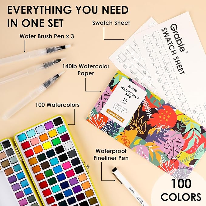 grabie 100 colors premium all-in-one watercolor paint set - 50 essential, 35 metallic, 10 pastels, 5 neon hues - portable case, brush pens, paper pad, waterproof fineliner pen, beginner & professional
