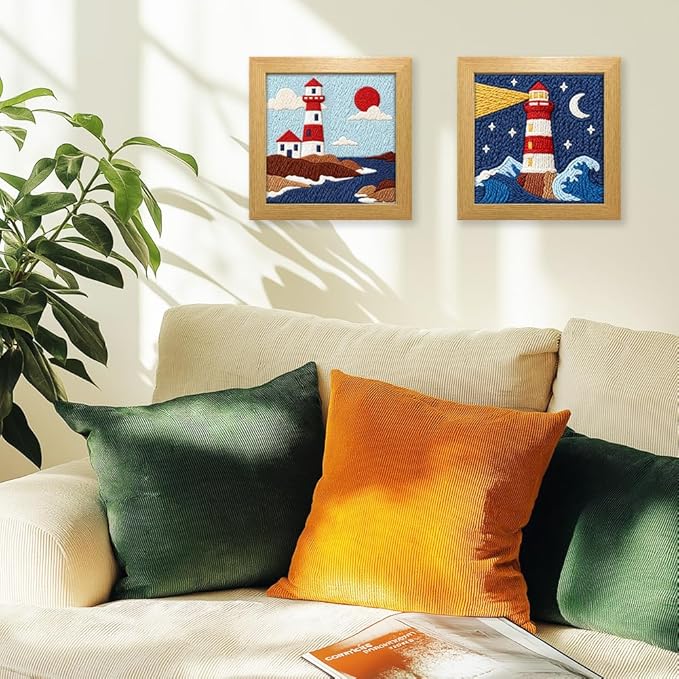 INFUNLY 2PCS Sea Lighthouse Punch Needle Embroidery Kit for Beginners Beacon DIY Punch Needle Starter Kit Lighthouse Handcraft Hooking Set with Pattern Instruction for Festival Gift Home Decor