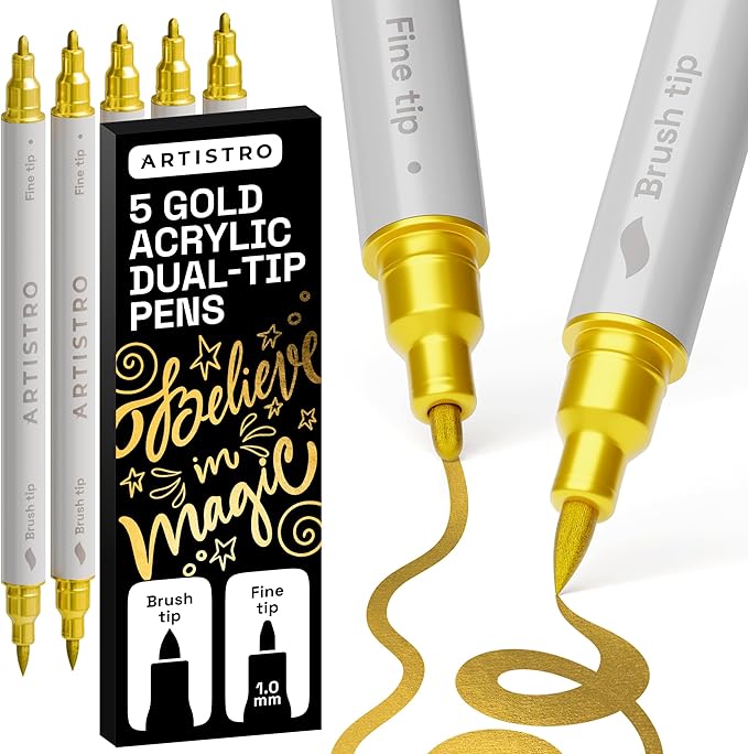 ARTISTRO 5 Gold Acrylic Paint Markers - Paint Pens for Drawing, Brush + Fine Tips - For Fabric, Rock, Glass, Wood, DIY, Eggs - Art & Craft Supplies for Adults, Teens, Kids - Easter Basket Stuffers