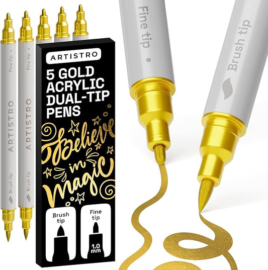 ARTISTRO 5 Gold Acrylic Paint Markers - Paint Pens for Drawing, Brush + Fine Tips - For Fabric, Rock, Glass, Wood, DIY, Eggs - Art & Craft Supplies for Adults, Teens, Kids - Easter Basket Stuffers