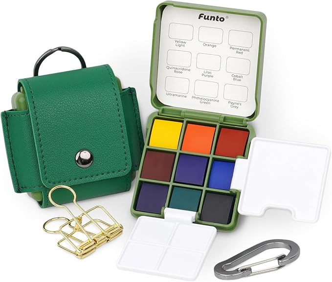 Funto Mini Watercolor Travel Set, Christmas Green Gift Travel Artist Outdoor Sketch Kits with 2 Foldable Palettes, Portable Leather Case and Metal Clip, Kit for Art Lovers