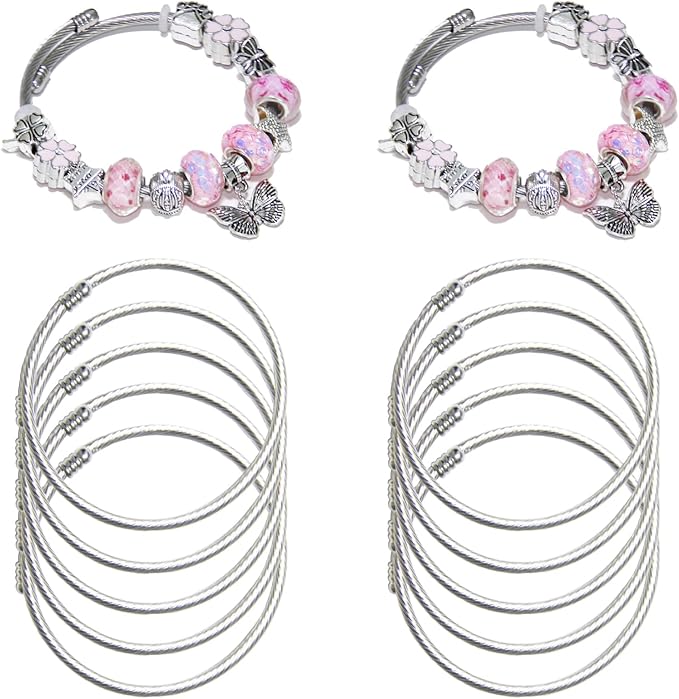 10 Pcs Elastic Charm Bracelet Chain Stainless Steel Cable Wire Twisted Cuff Bangle Bracelet Sliver Charm Bracelets Kit for Crafts DIY Women Jewelry Making
